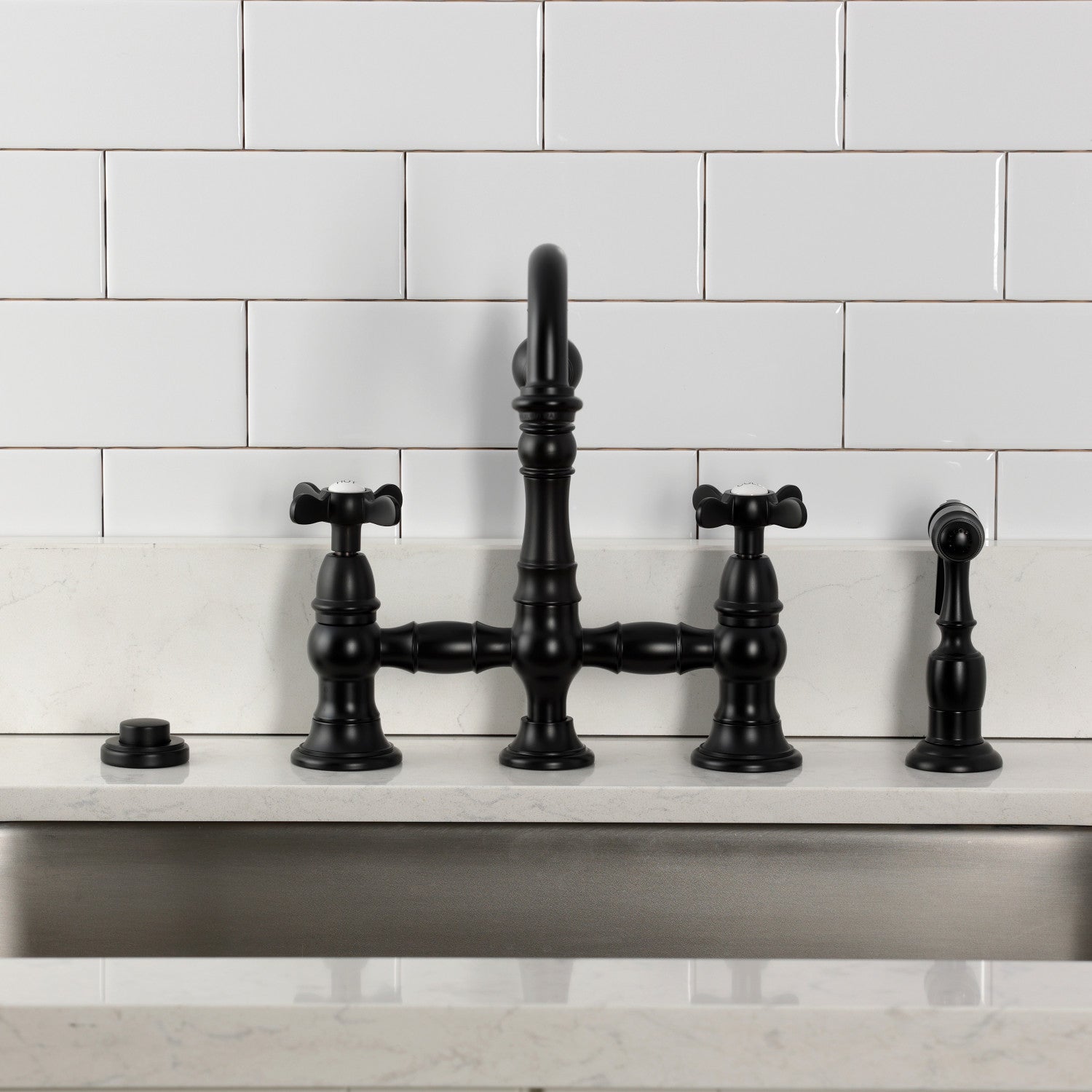 Kingston Heirloom KS3270BEXBS - Essex Two-Handle 4-Hole Deck Mount Bridge Kitchen Faucet with Brass Sprayer, Matte Black — thumbnail 3